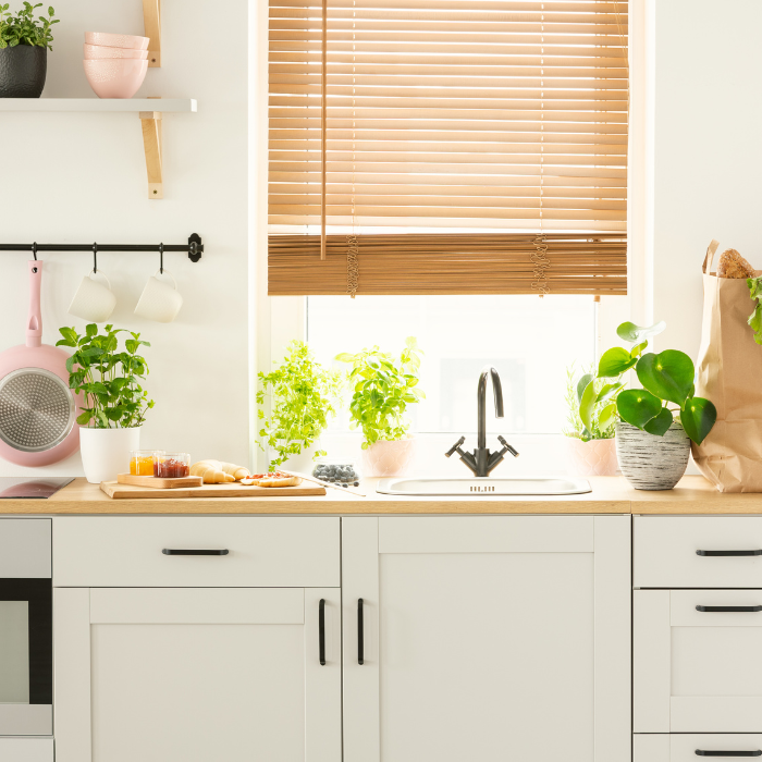 wooden slat blind in kitchen